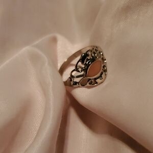Filigree Ring with Intricate Heart Design Pink Enamel